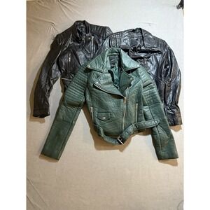 Bundle Of 3 Forever 21 At Faux Leather Jacket Women's S Green Black Motorcycle.‎
